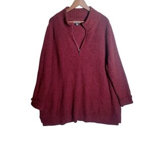 Lands' End Sweater 2X Red Quarter Zip Chunky Knit Cotton Blend Preppy